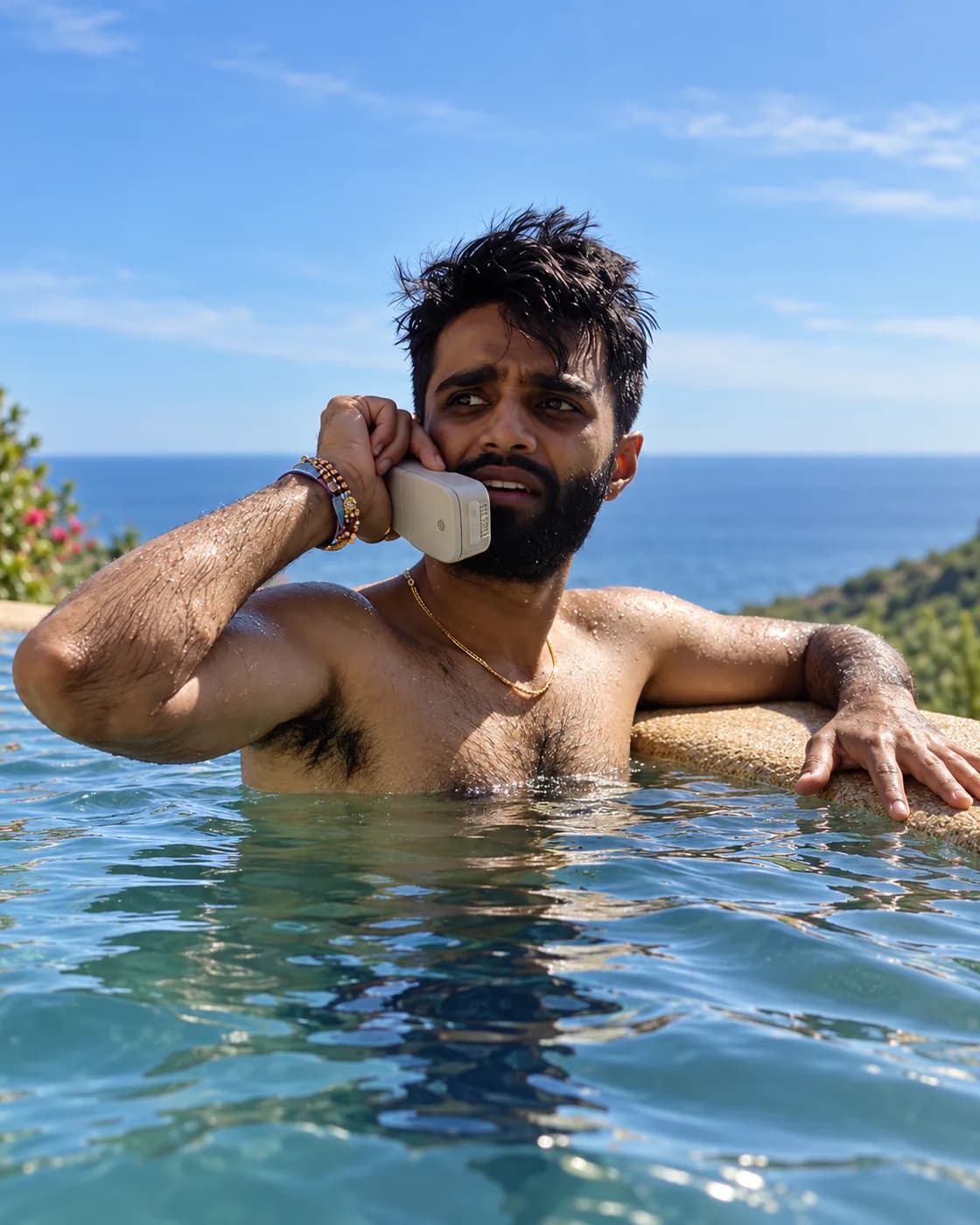 Nil Patel speaking on a phone beside a pool overlooking the ocean